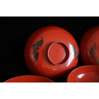 蝙蝠と鹿と霊芝 蒔絵椀 13客セット　Q064 