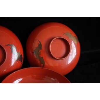 蝙蝠と鹿と霊芝 蒔絵椀 13客セット　Q064 