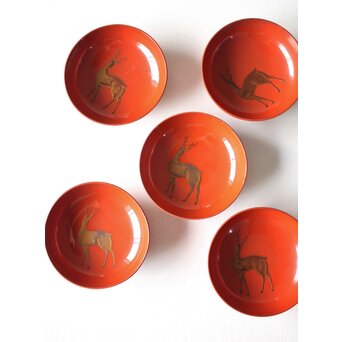 蝙蝠と鹿と霊芝 蒔絵椀 13客セット　Q064 