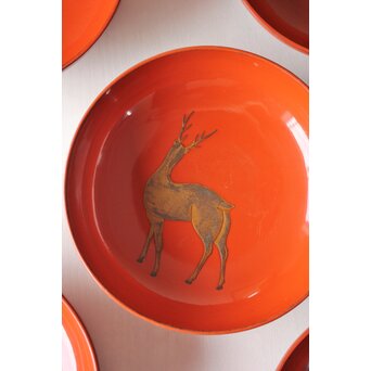 蝙蝠と鹿と霊芝 蒔絵椀 13客セット　Q064 