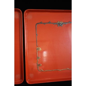 蝙蝠と鹿と霊芝 蒔絵膳 4客　Q065 