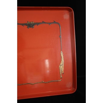 蝙蝠と鹿と霊芝 蒔絵膳 4客　Q065 