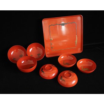 蝙蝠と鹿と霊芝 蒔絵膳 4客　Q065 ※椀は別売りですがいかがでしょうか