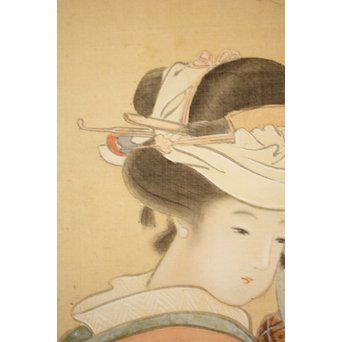 倣 水野年方《桜下美人》絹本彩色 掛軸　Z107 