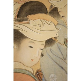 倣 水野年方《桜下美人》絹本彩色 掛軸　Z107 