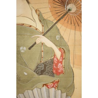 倣 水野年方《桜下美人》絹本彩色 掛軸　Z107 