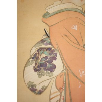 倣 水野年方《桜下美人》絹本彩色 掛軸　Z107 