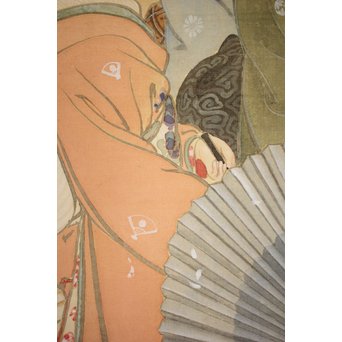 倣 水野年方《桜下美人》絹本彩色 掛軸　Z107 