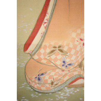 倣 水野年方《桜下美人》絹本彩色 掛軸　Z107 