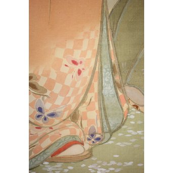 倣 水野年方《桜下美人》絹本彩色 掛軸　Z107 