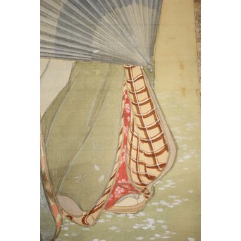 倣 水野年方《桜下美人》絹本彩色 掛軸　Z107 