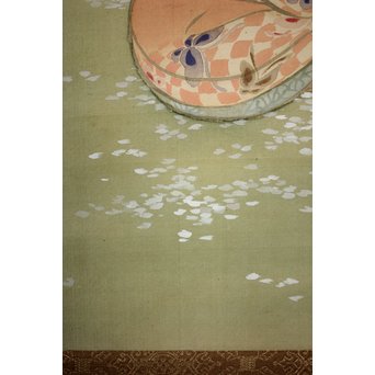 倣 水野年方《桜下美人》絹本彩色 掛軸　Z107 