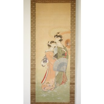 倣 水野年方《桜下美人》絹本彩色 掛軸　Z107