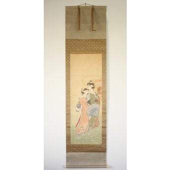 倣 水野年方《桜下美人》絹本彩色 掛軸　Z107 