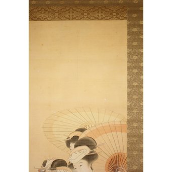 倣 水野年方《桜下美人》絹本彩色 掛軸　Z107 