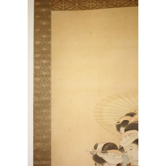 倣 水野年方《桜下美人》絹本彩色 掛軸　Z107 