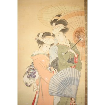 倣 水野年方《桜下美人》絹本彩色 掛軸　Z107 