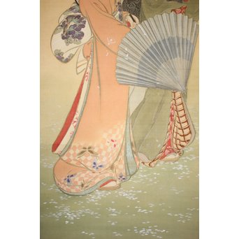 倣 水野年方《桜下美人》絹本彩色 掛軸　Z107 