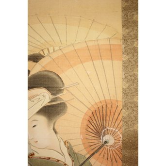 倣 水野年方《桜下美人》絹本彩色 掛軸　Z107 