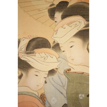 倣 水野年方《桜下美人》絹本彩色 掛軸　Z107 