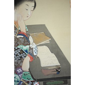 廣陵銘 美人画 肉筆絹本 掛軸　Z108 