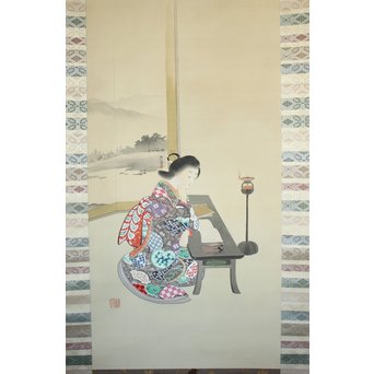 廣陵銘 美人画 肉筆絹本 掛軸　Z108