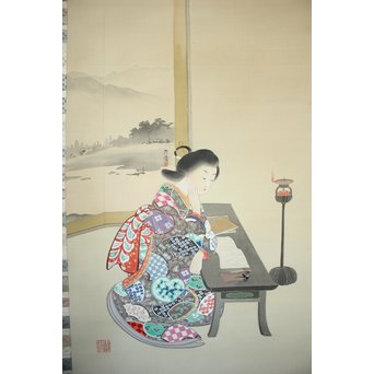 廣陵銘 美人画 肉筆絹本 掛軸　Z108 