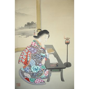 廣陵銘 美人画 肉筆絹本 掛軸　Z108 