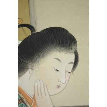 廣陵銘 美人画 肉筆絹本 掛軸　Z108 