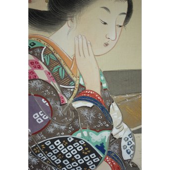 廣陵銘 美人画 肉筆絹本 掛軸　Z108 