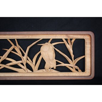 一作銘 鷺木彫 欅額装　R2482 