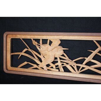 一作銘 鷺木彫 欅額装　R2482 