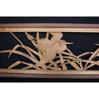 一作銘 鷺木彫 欅額装　R2482 