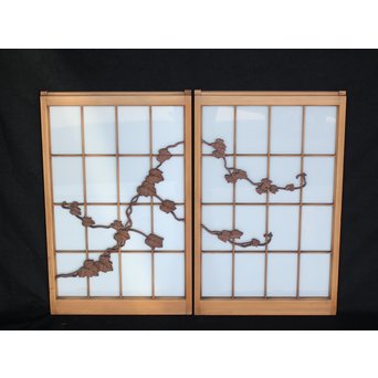 乳白色ガラス 蔦木彫 書院/窓 2枚1組　R2485