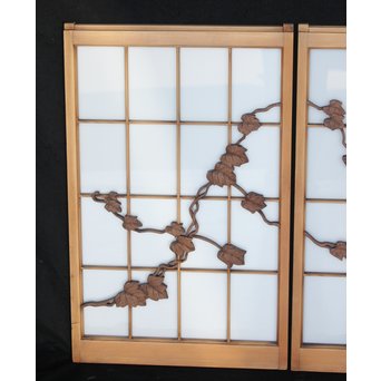 乳白色ガラス 蔦木彫 書院/窓 2枚1組　R2485 