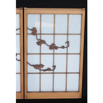 乳白色ガラス 蔦木彫 書院/窓 2枚1組　R2485 