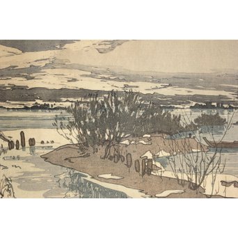 吉田博 富士拾景 河口湖 自摺大正15年作 新版画　Z181 