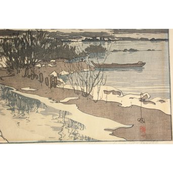 吉田博 富士拾景 河口湖 自摺大正15年作 新版画　Z181 