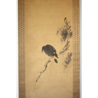 無銘 《枯木寒鳥之図》 絹本水墨 掛軸　Z183 