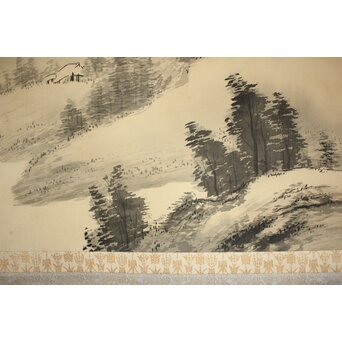 倣 松林桂月《野含時雨潤山雑夏雲多》絹本掛軸　Z184 