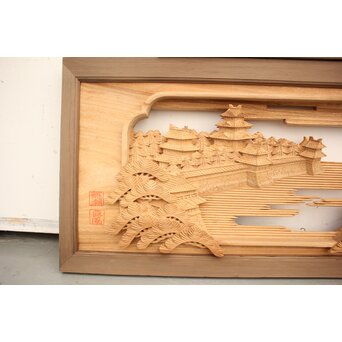 籠瀬露風 神代杉枠 楠木彫欄間 2枚1組　R2499Y 