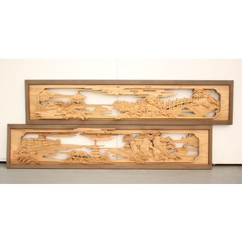 籠瀬露風 神代杉枠 楠木彫欄間 2枚1組　R2499Y