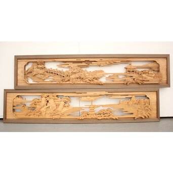 籠瀬露風 神代杉枠 楠木彫欄間 2枚1組　R2499Y 