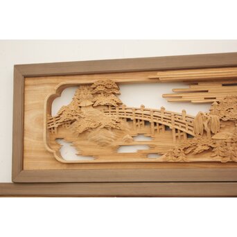 籠瀬露風 神代杉枠 楠木彫欄間 2枚1組　R2499Y 