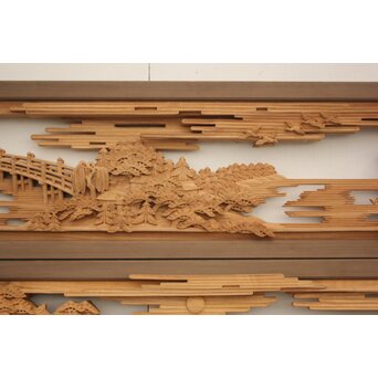 籠瀬露風 神代杉枠 楠木彫欄間 2枚1組　R2499Y 