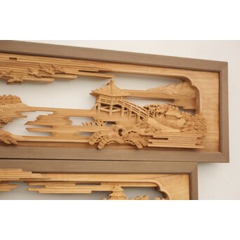 籠瀬露風 神代杉枠 楠木彫欄間 2枚1組　R2499Y 