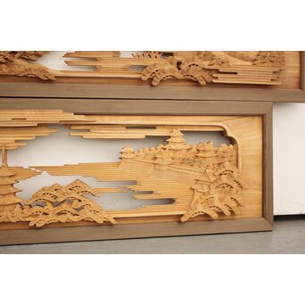 籠瀬露風 神代杉枠 楠木彫欄間 2枚1組　R2499Y 