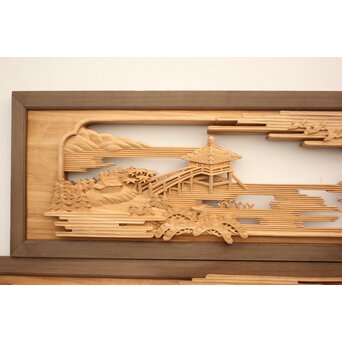 籠瀬露風 神代杉枠 楠木彫欄間 2枚1組　R2499Y 