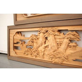 籠瀬露風 神代杉枠 楠木彫欄間 2枚1組　R2499Y 