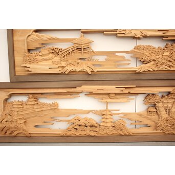 籠瀬露風 神代杉枠 楠木彫欄間 2枚1組　R2499Y 